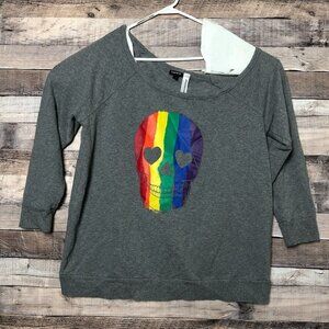 TORRID 1X  14-16 Celebrate Love Pride Off Shoulder Sweatshirt Rainbow Skull Grey